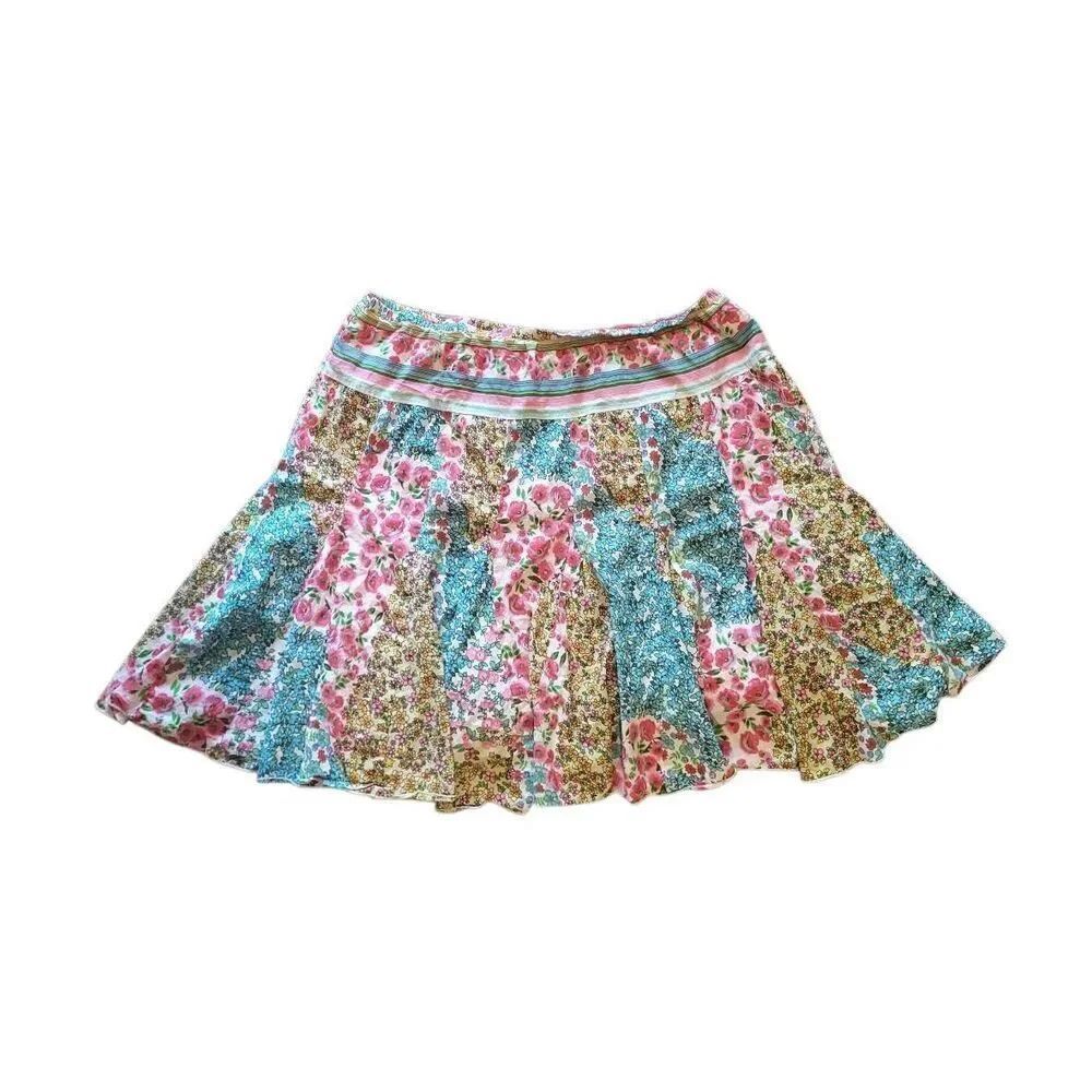 Vintage Phool Skirt Women's 1X Multicolor Art Midi Cottage Boho Patchwork Full
